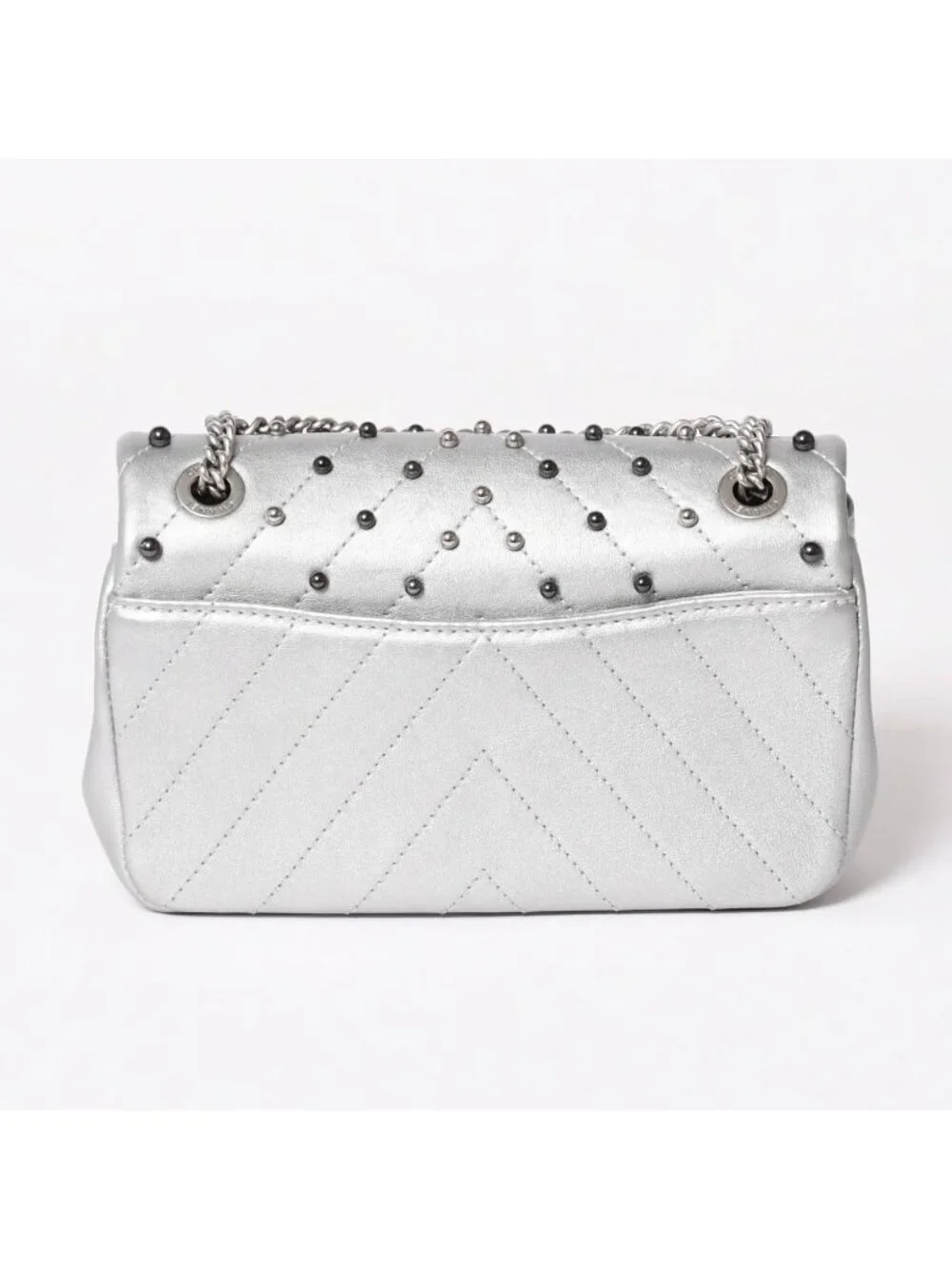 Chanel Chevron Stud Wars Chain Shoulder Bag CC Logo Calfskin Silver